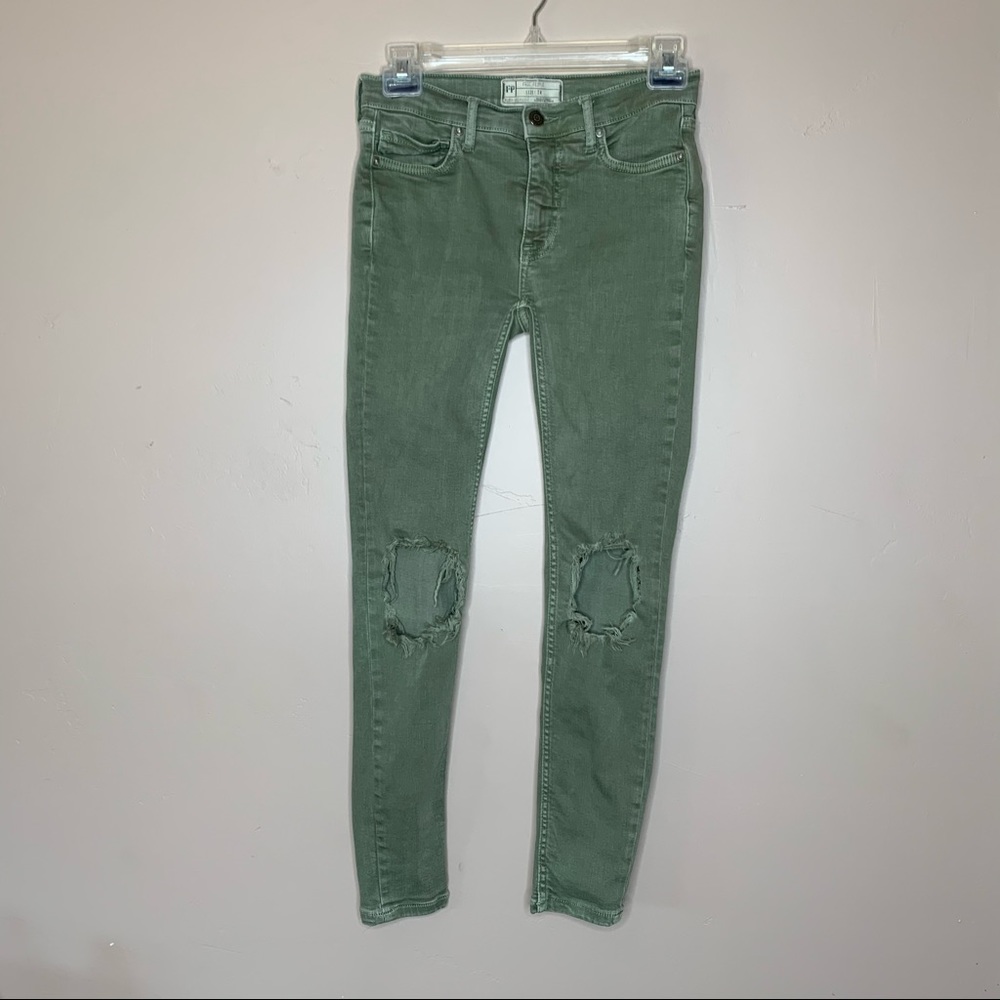 Free People Olive Green Distressed Skinny Jeans 24 - Picture 6 of 16